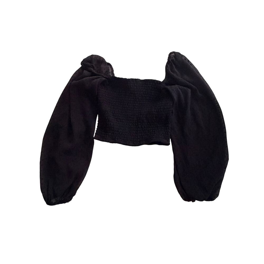 BOG Collective Black Smocked Crop Top XS Sheer Polka Dot Puff Sleeve Y2K Boho
